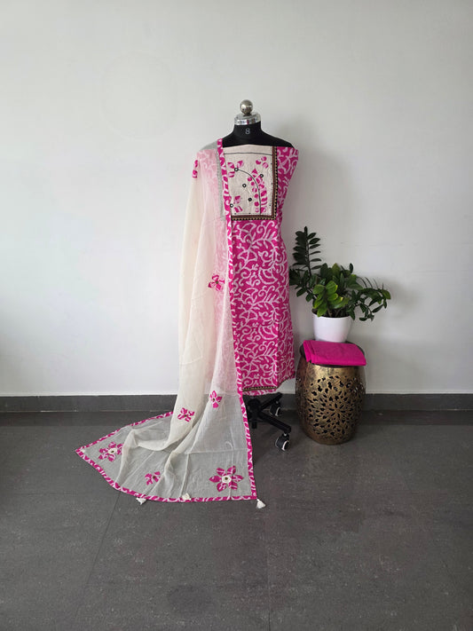 Premium soft batik cotton set with applique work - pink