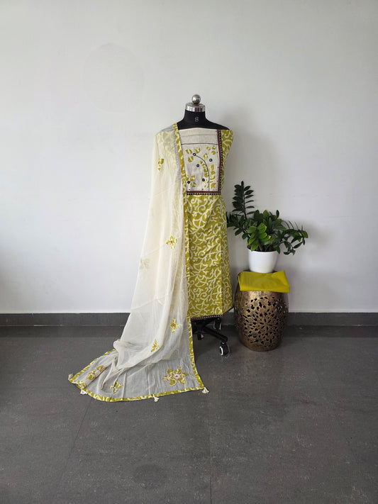 Premium soft batik cotton set with applique work - GREEN