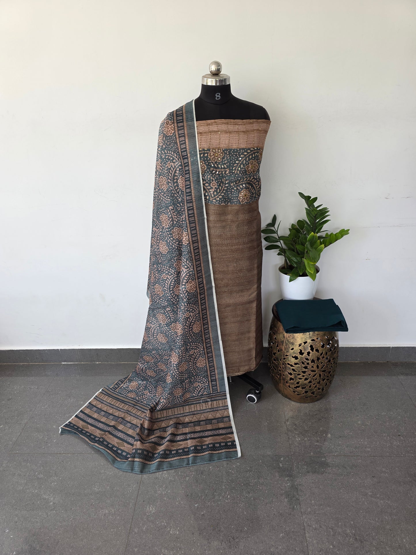 premium digital giccha silk set with embroidery work - dark green