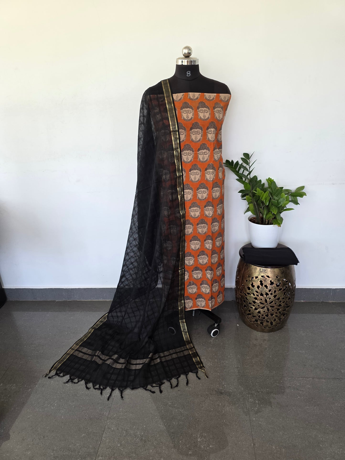 Authentic pure kalamkari cotton set - Orange buthar