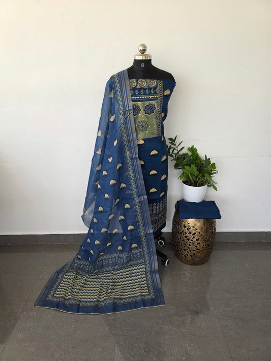 Premium heavy satin cotton with linen shawl set - blue