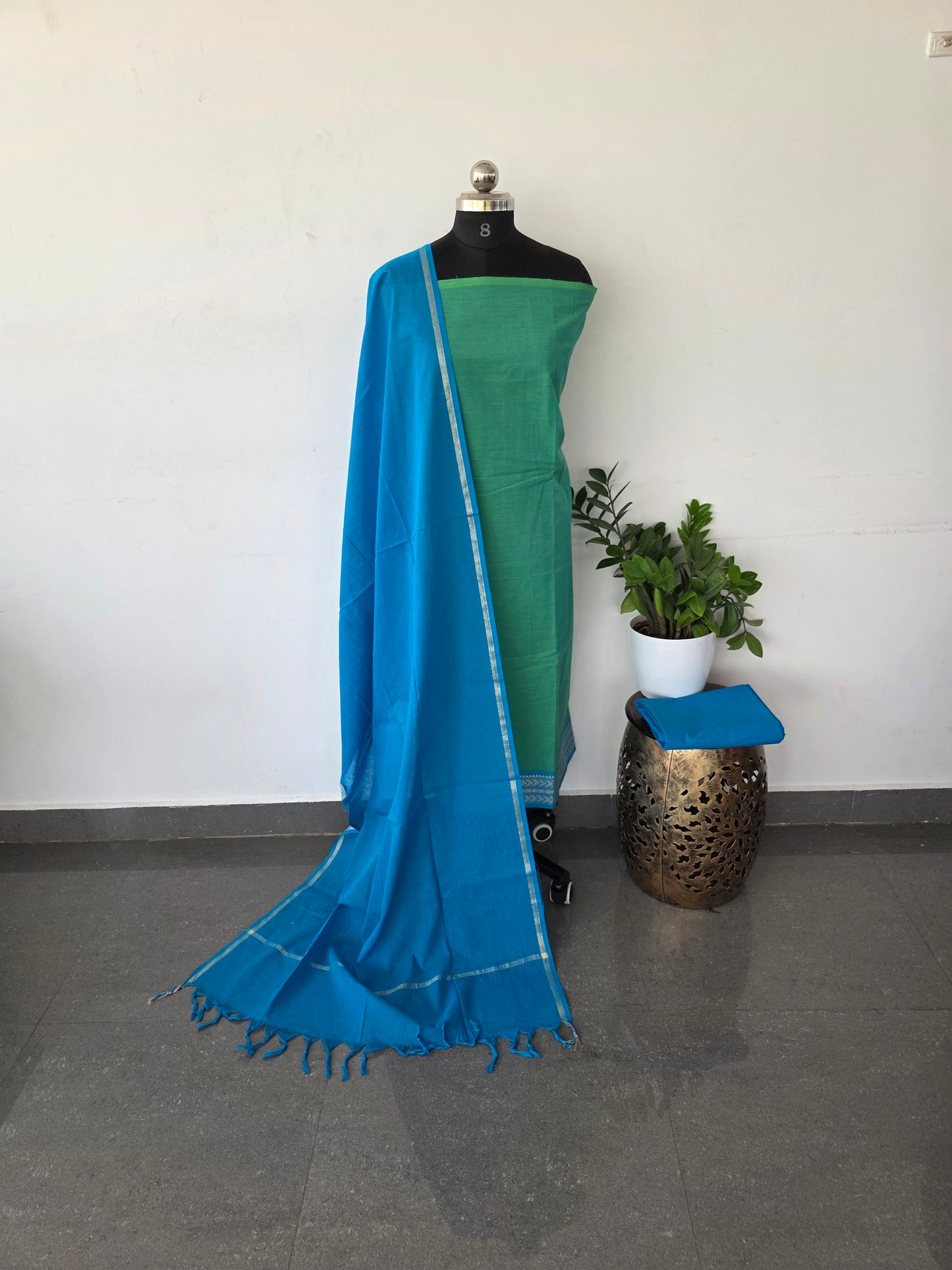 Pure handloom cotton set - rama green with blue shawl