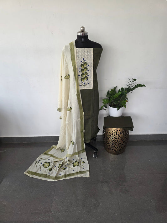 Pure kantha cotton set with brush painted soft silk shawl set - green