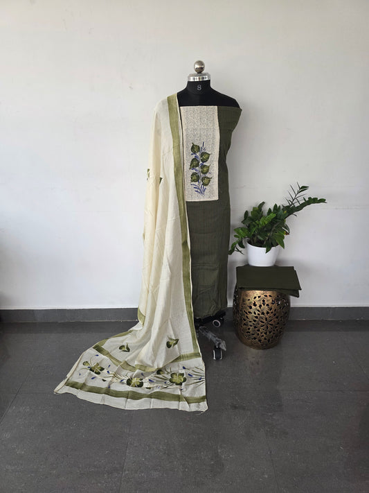 Pure kantha cotton set with brush painted soft silk shawl set - green2
