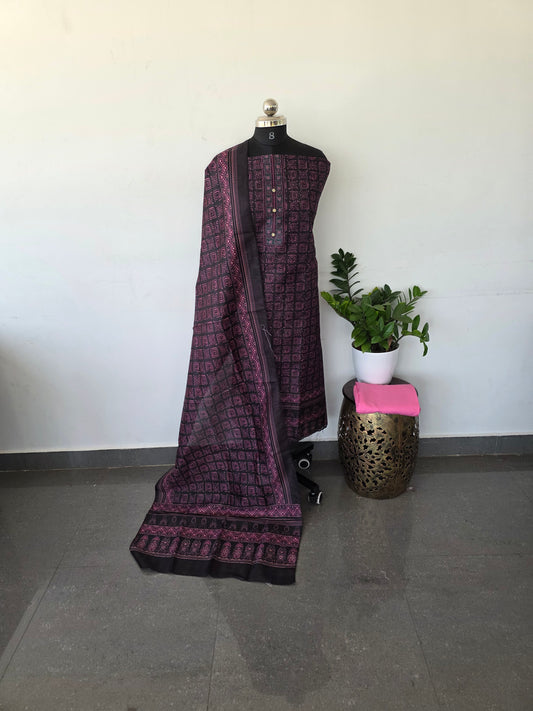 Premium digital hakoba silk set - black with pink bottom