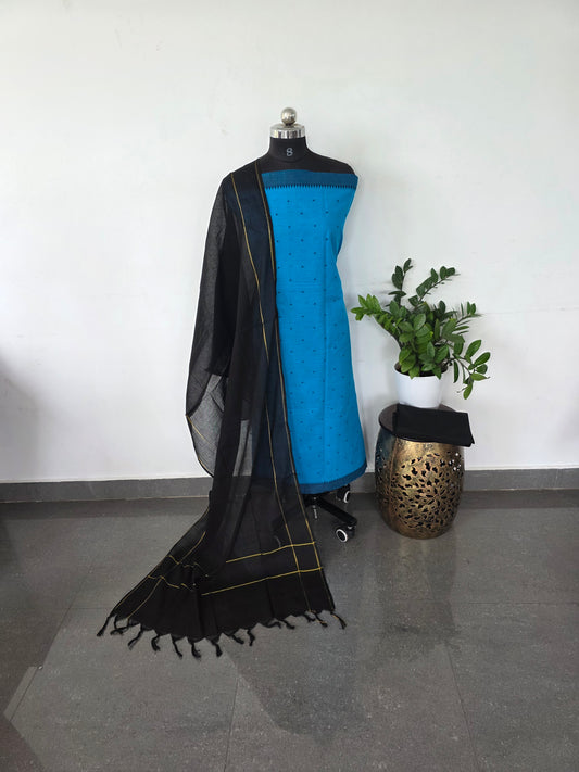 Pure handloom cotton set - Blue with black H7