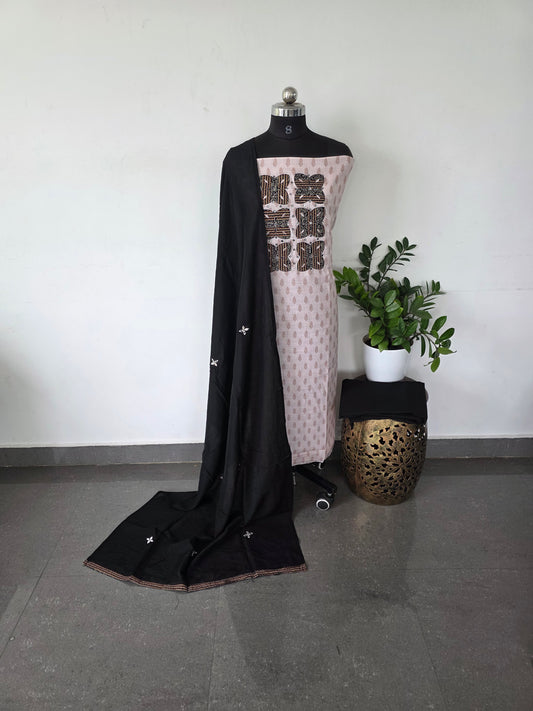 Premium soft linen set with chanderi silk shawl - black