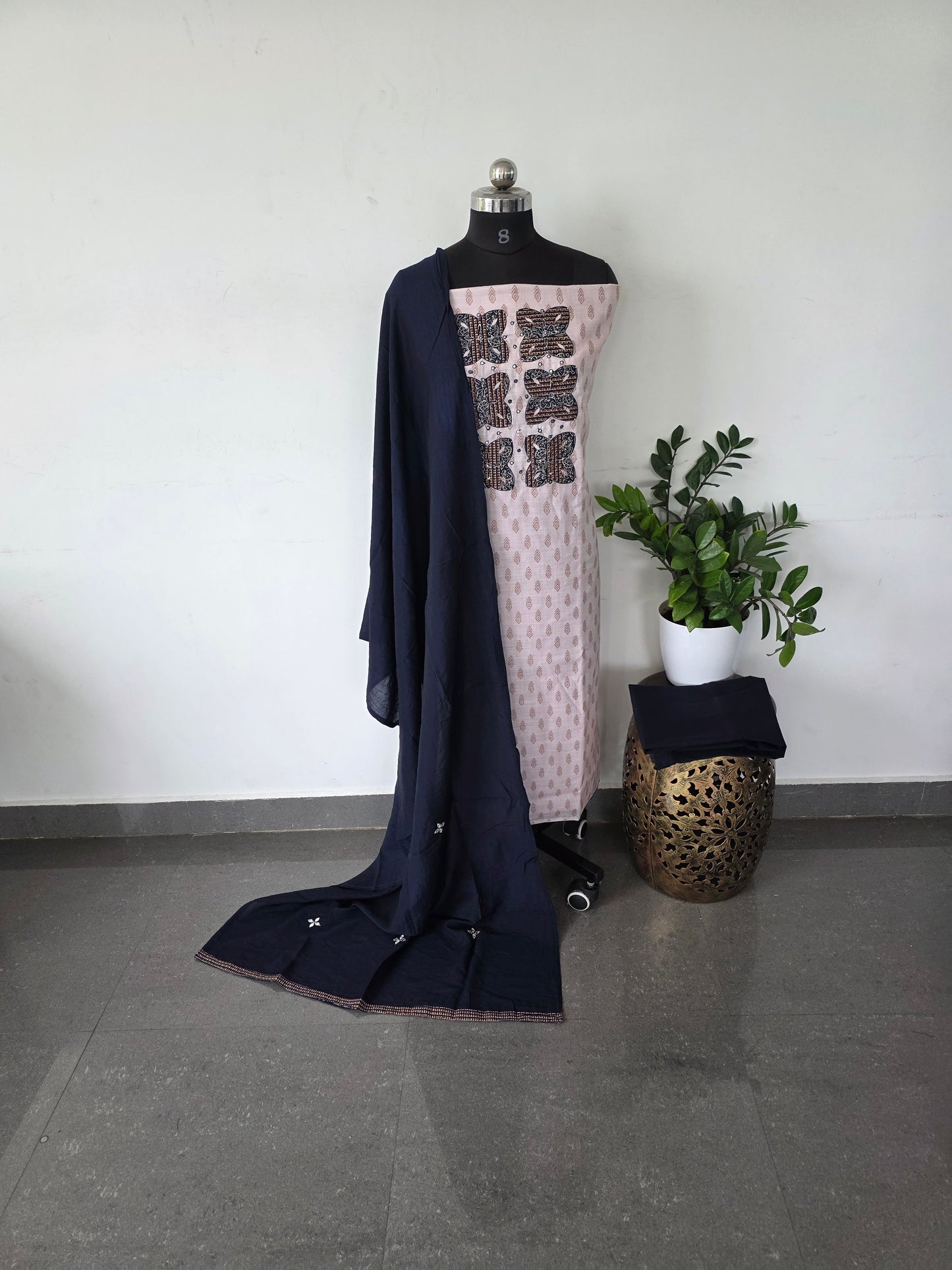 Premium soft linen set with chanderi silk shawl - blue