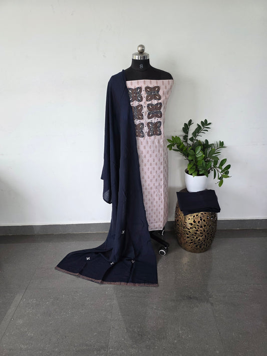 Premium soft linen set with chanderi silk shawl - blue