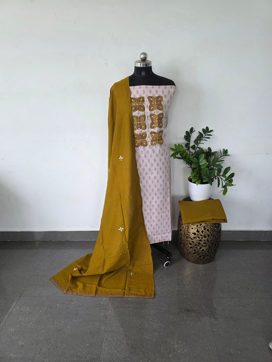 Premium soft linen set with chanderi silk shawl - yellow