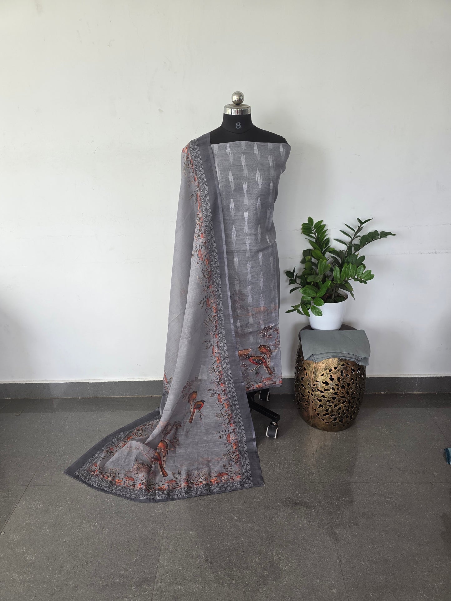 Premium digital semi linen silk set - Grey bird