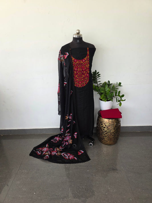 Pure hakoba cotton set with heavy embroidery work and brush painted chiffon shawl - black with red