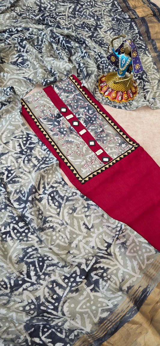 Premium satin cotton set - Red with grey