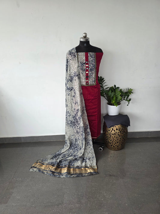 Premium satin cotton set - Red with grey