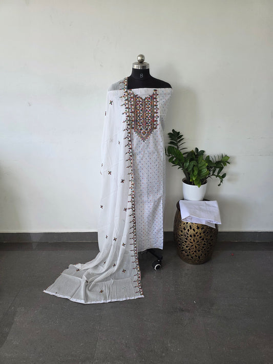Pure cotton set with multicolour embroidery work -Pure white