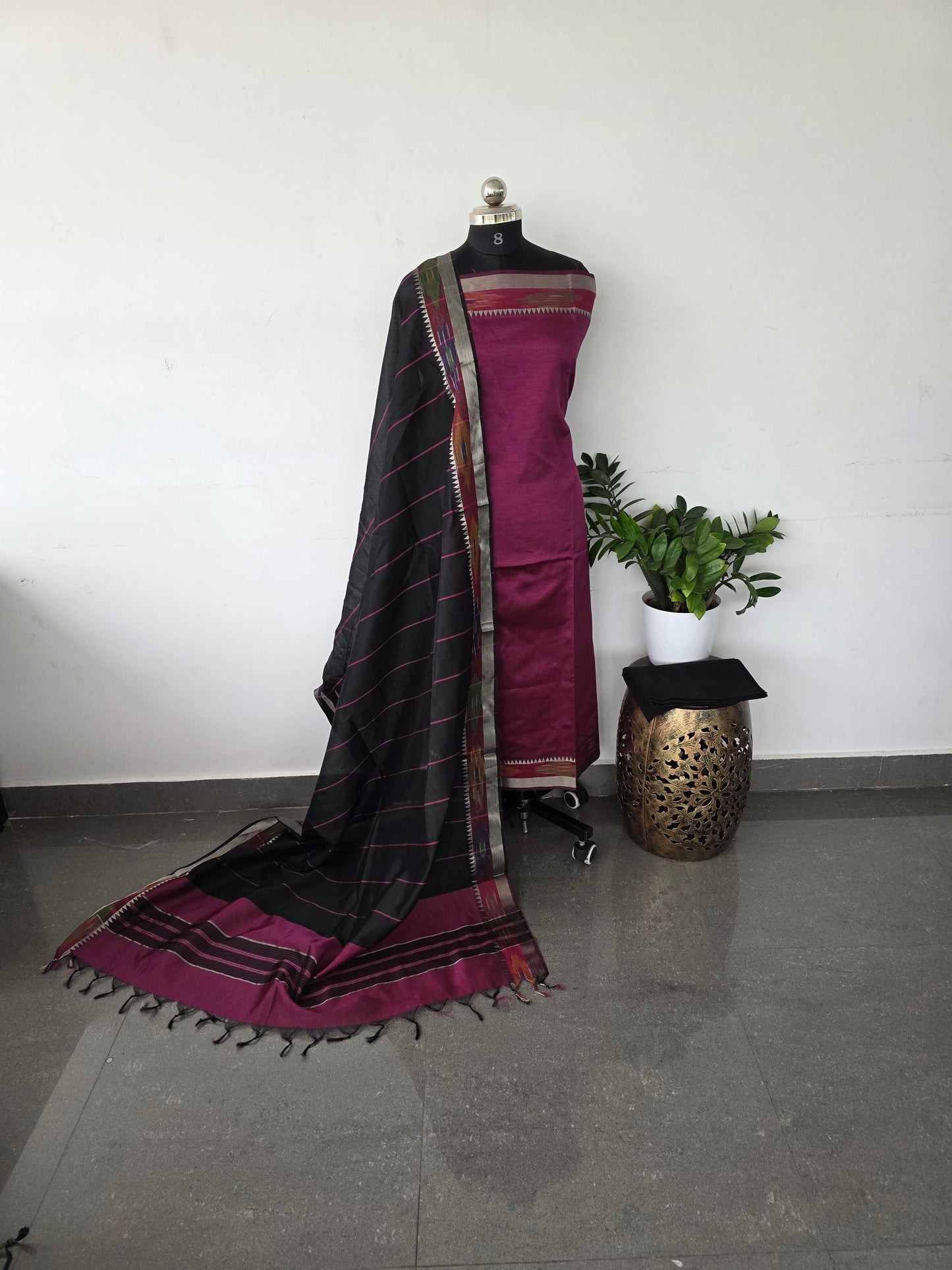 Premium mangalagiri silk set with pochampally border - magenta with black
