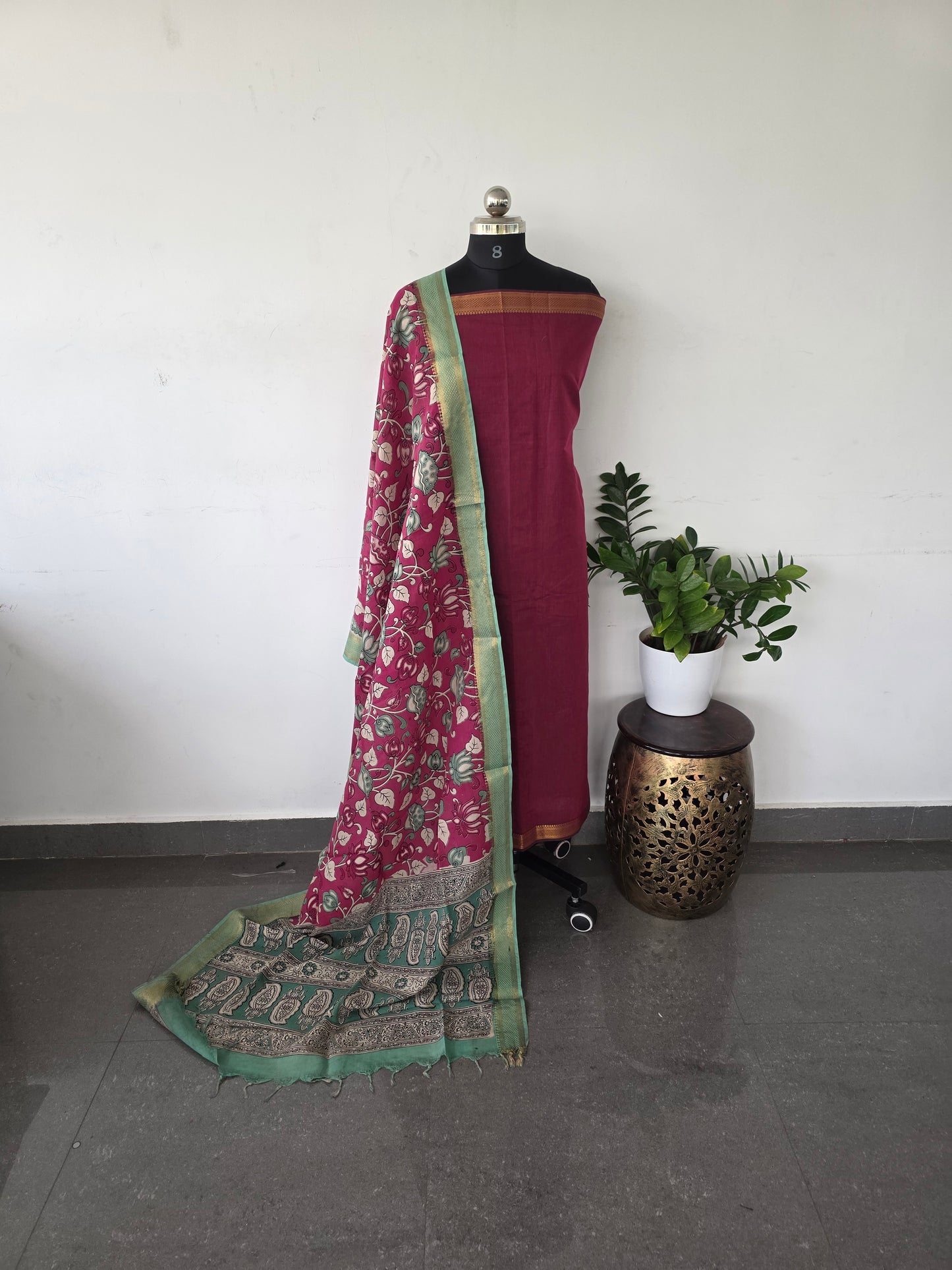 Premium mangalagiri cotton with kalamkari set - dark pink with lotus