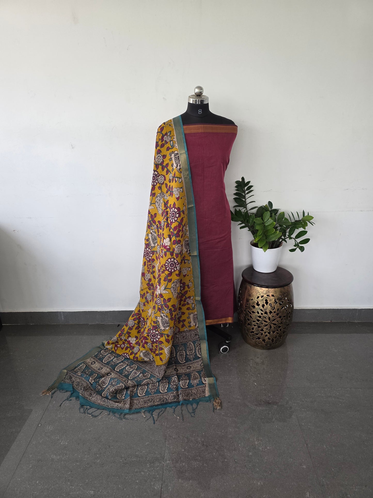 Premium mangalagiri cotton with kalamkari set - pink with yellow