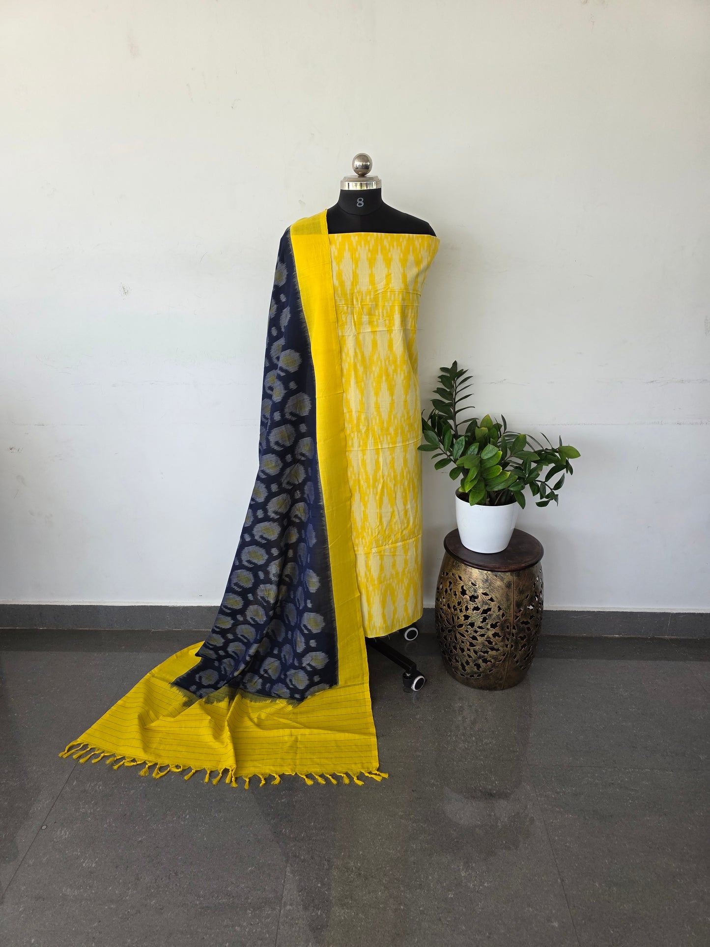 Premium pochampally ikkat cotton set with mercerised double ikkat duppatta - Yellow2