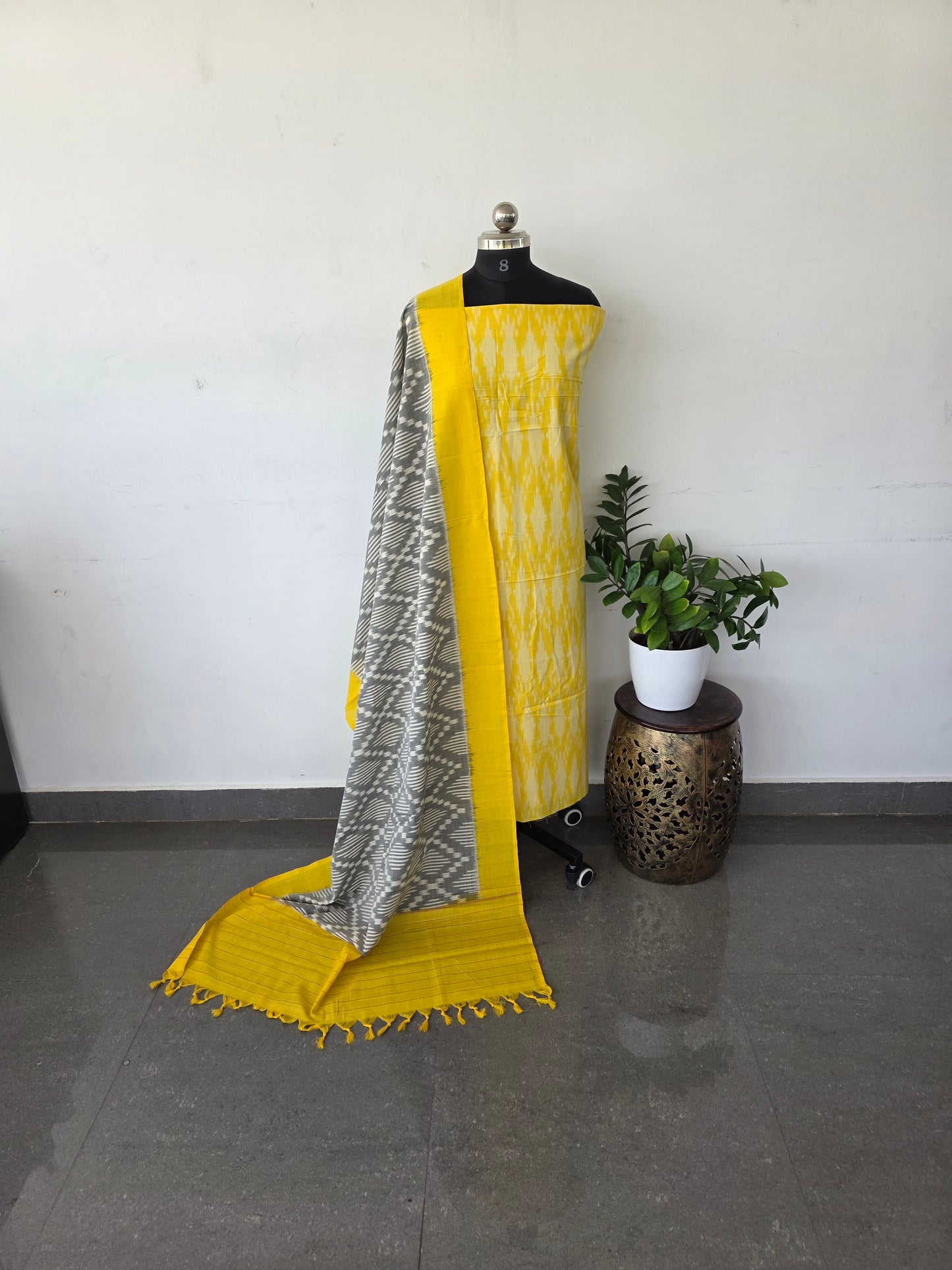 Premium pochampally ikkat cotton set with mercerised double ikkat duppatta - Yellow3