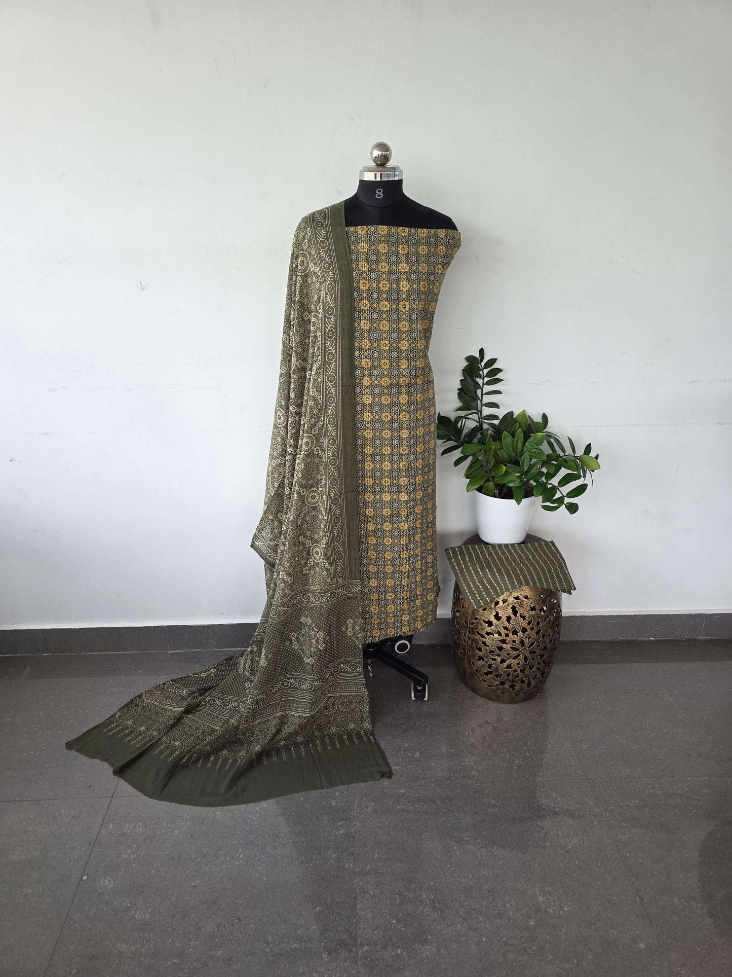 Soft kantha ajrakh cotton set - Green