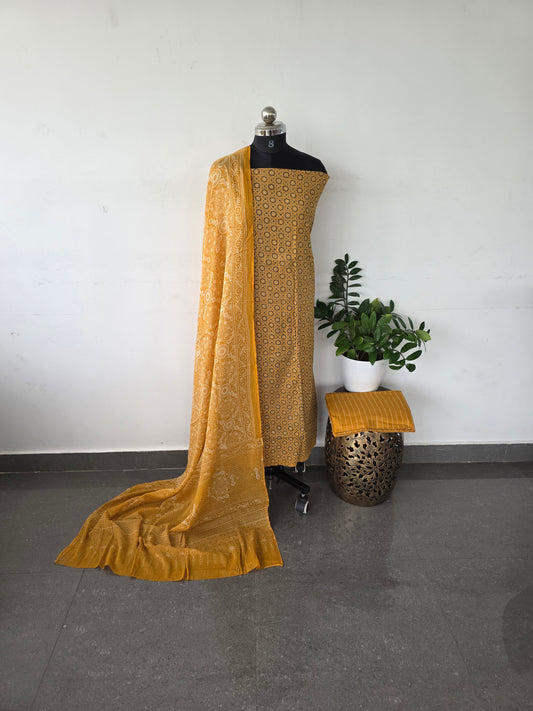 Soft kantha ajrakh cotton set - Mustard