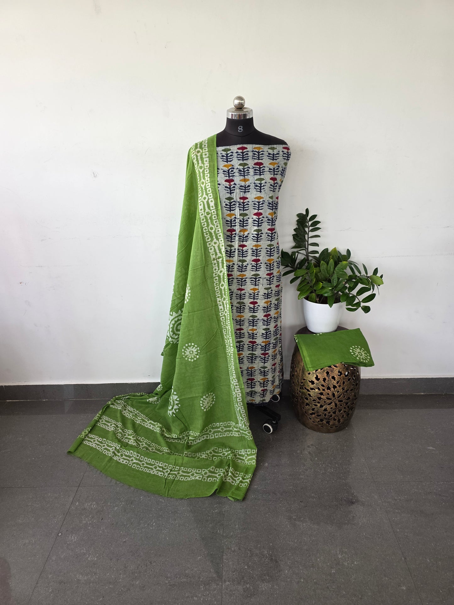Premium kantha batik cotton set - green KB7