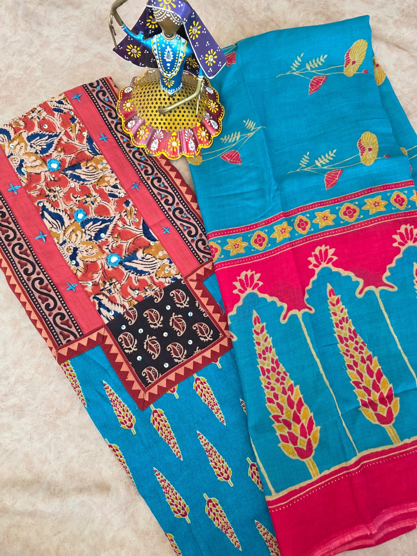 Premium kalamkari satin cotton set - blue 1