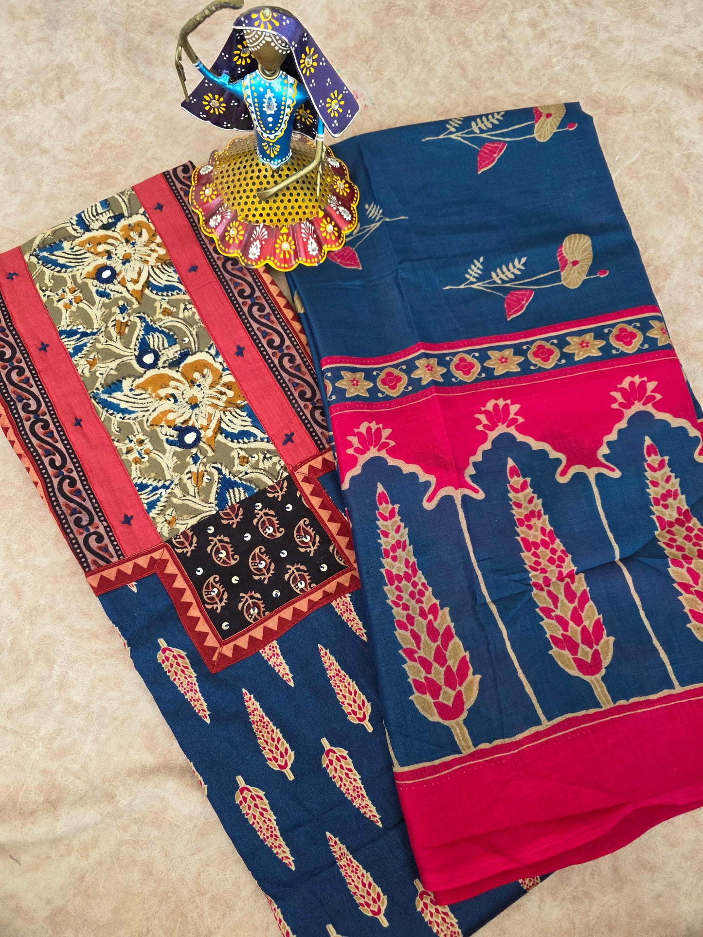 Premium kalamkari satin cotton set - blue2
