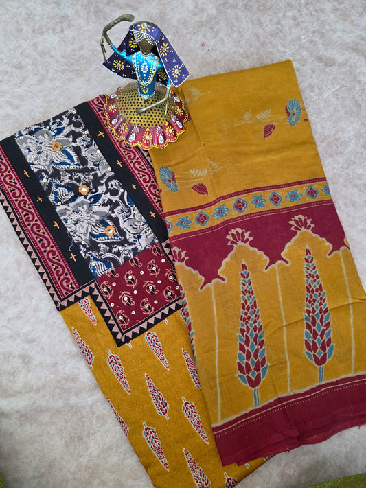 Premium kalamkari satin cotton set - mustard3