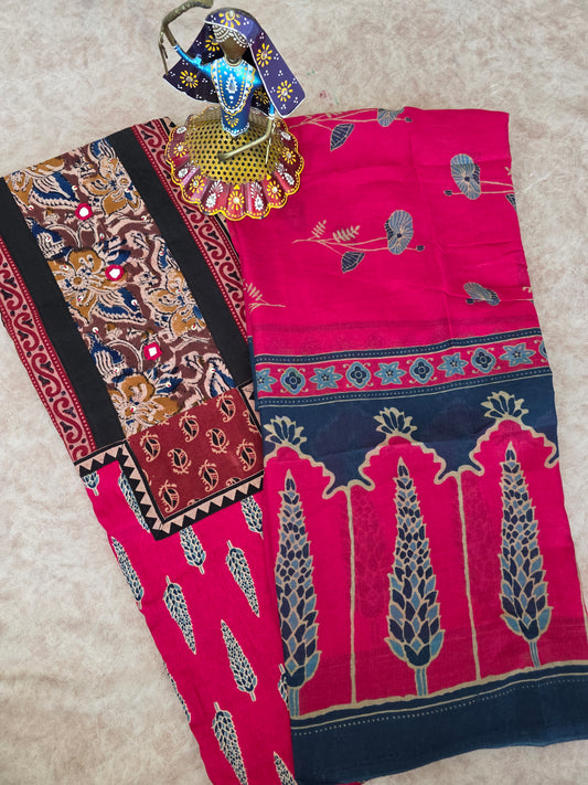 Premium kalamkari satin cotton set - pink4