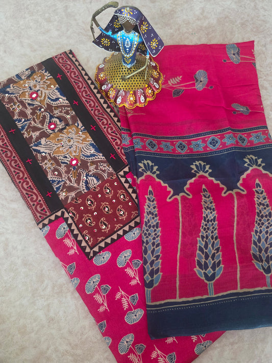Premium kalamkari satin cotton set - pink5