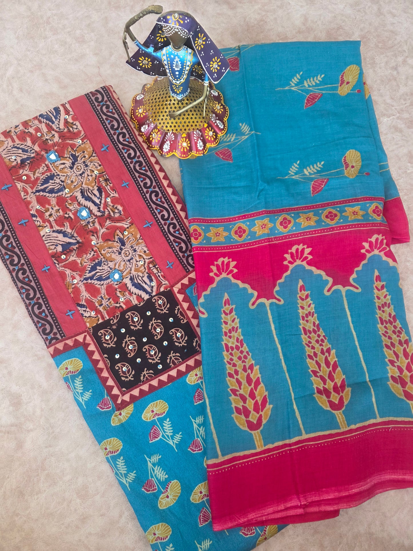Premium kalamkari satin cotton set - blue6