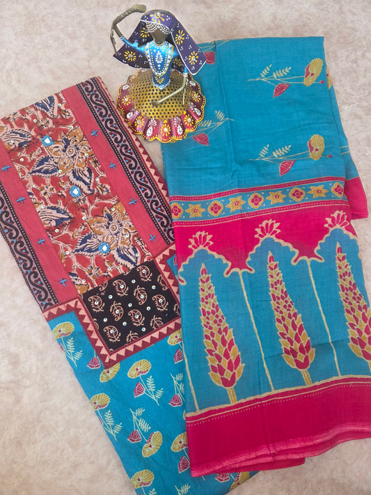 Premium kalamkari satin cotton set - blue6