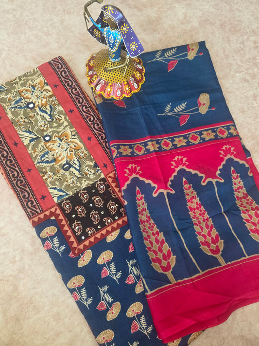 Premium kalamkari satin cotton set - blue7