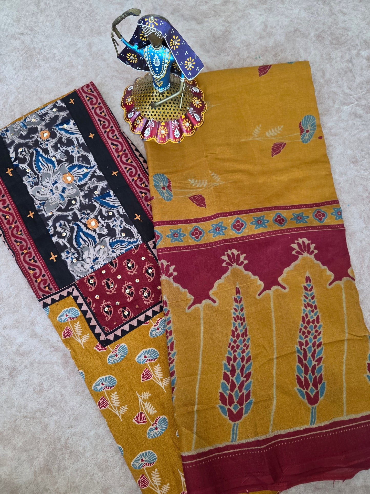 Premium kalamkari satin cotton set - mustard8