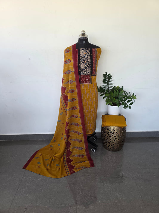 Premium kalamkari satin cotton set - mustard3