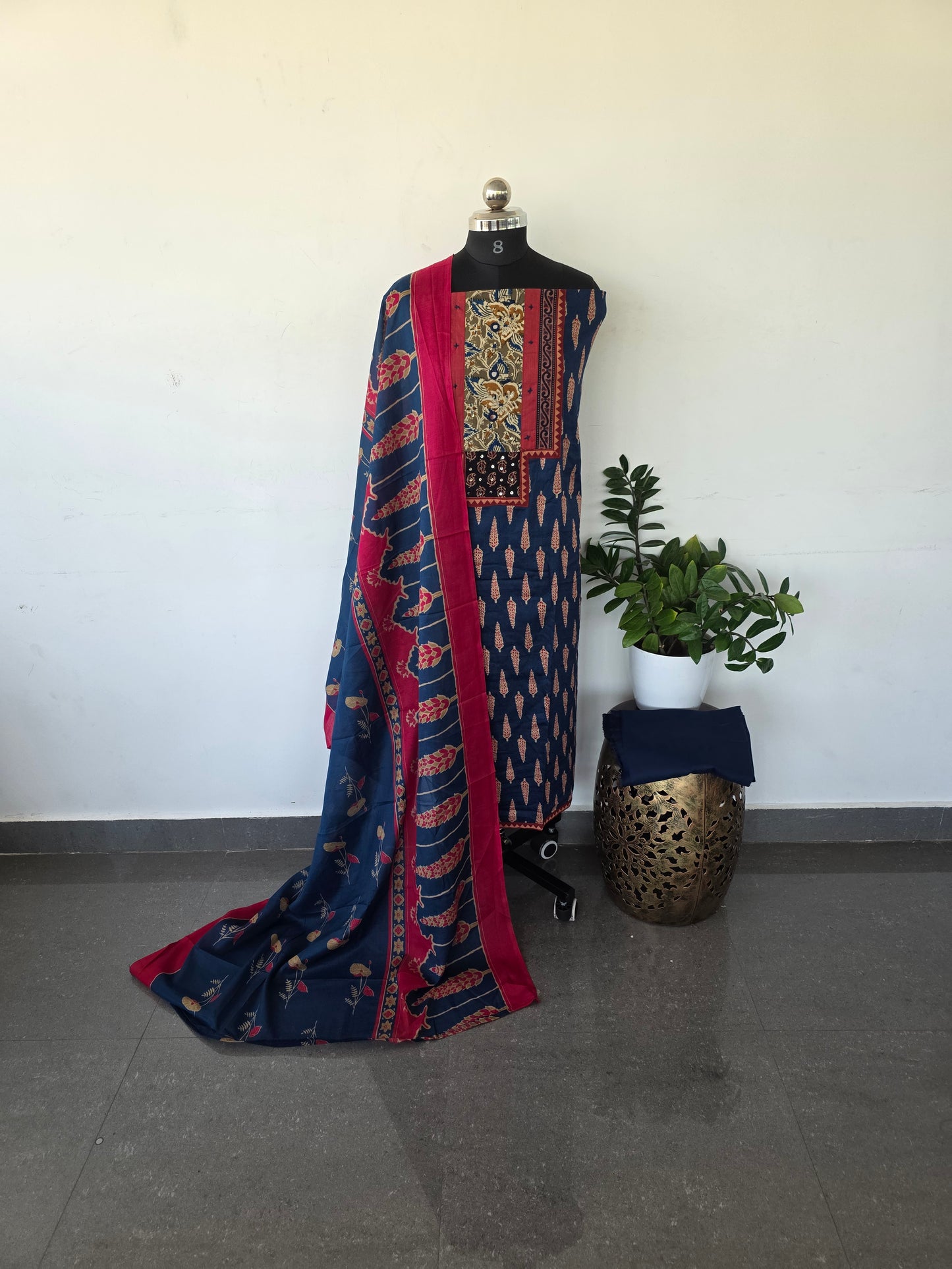 Premium kalamkari satin cotton set - blue2