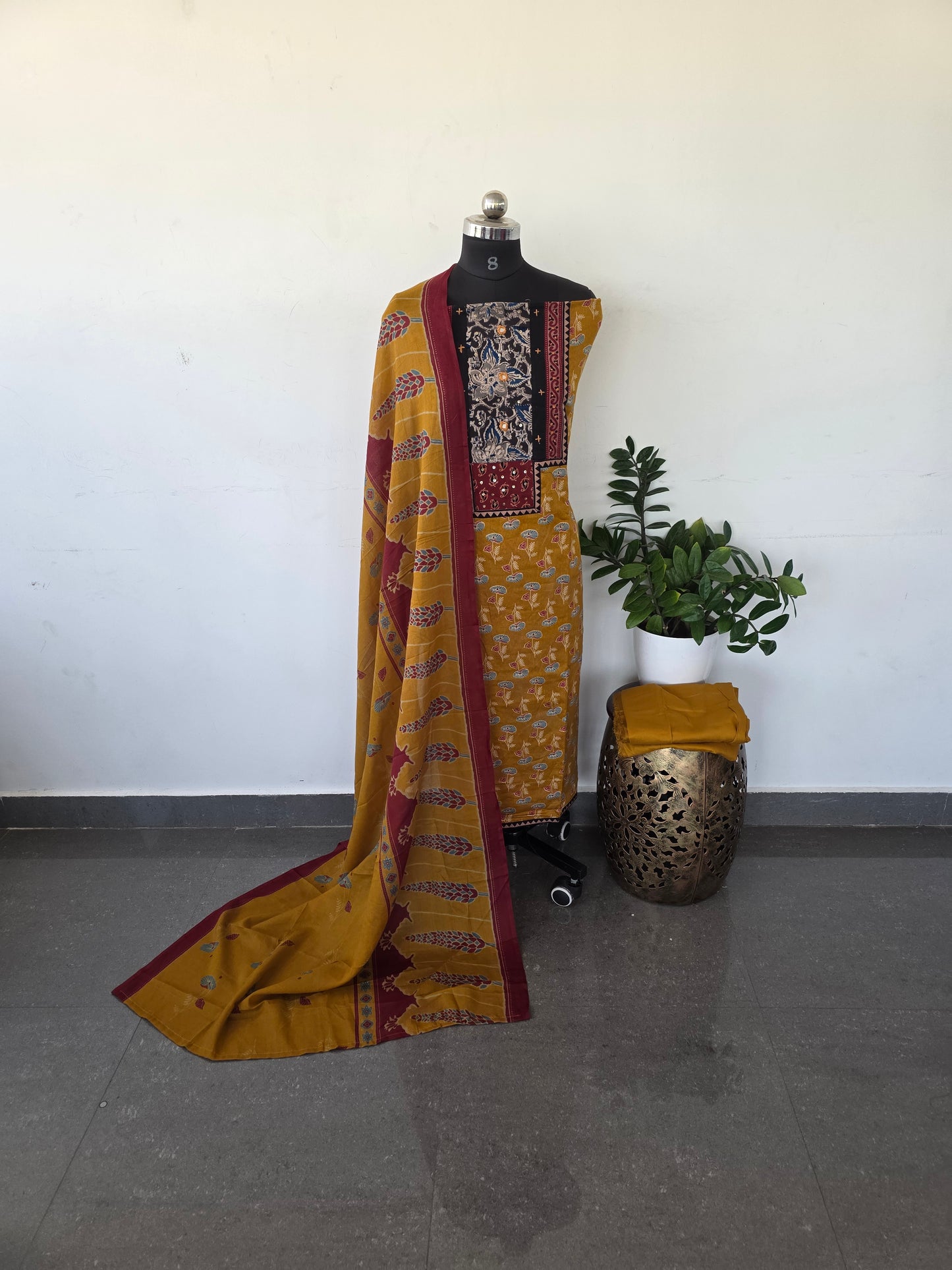 Premium kalamkari satin cotton set - mustard8