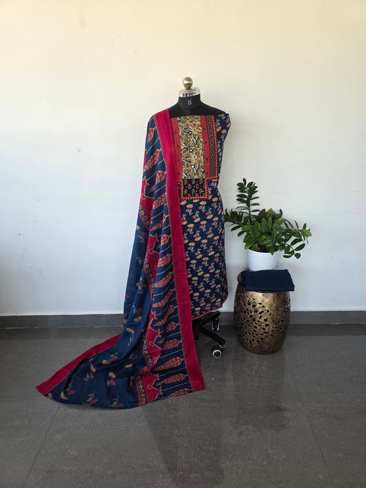 Premium kalamkari satin cotton set - blue7