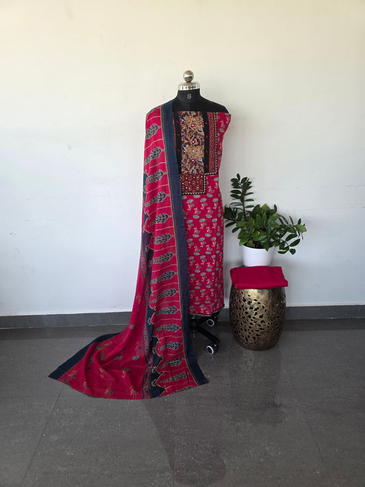 Premium kalamkari satin cotton set - pink5