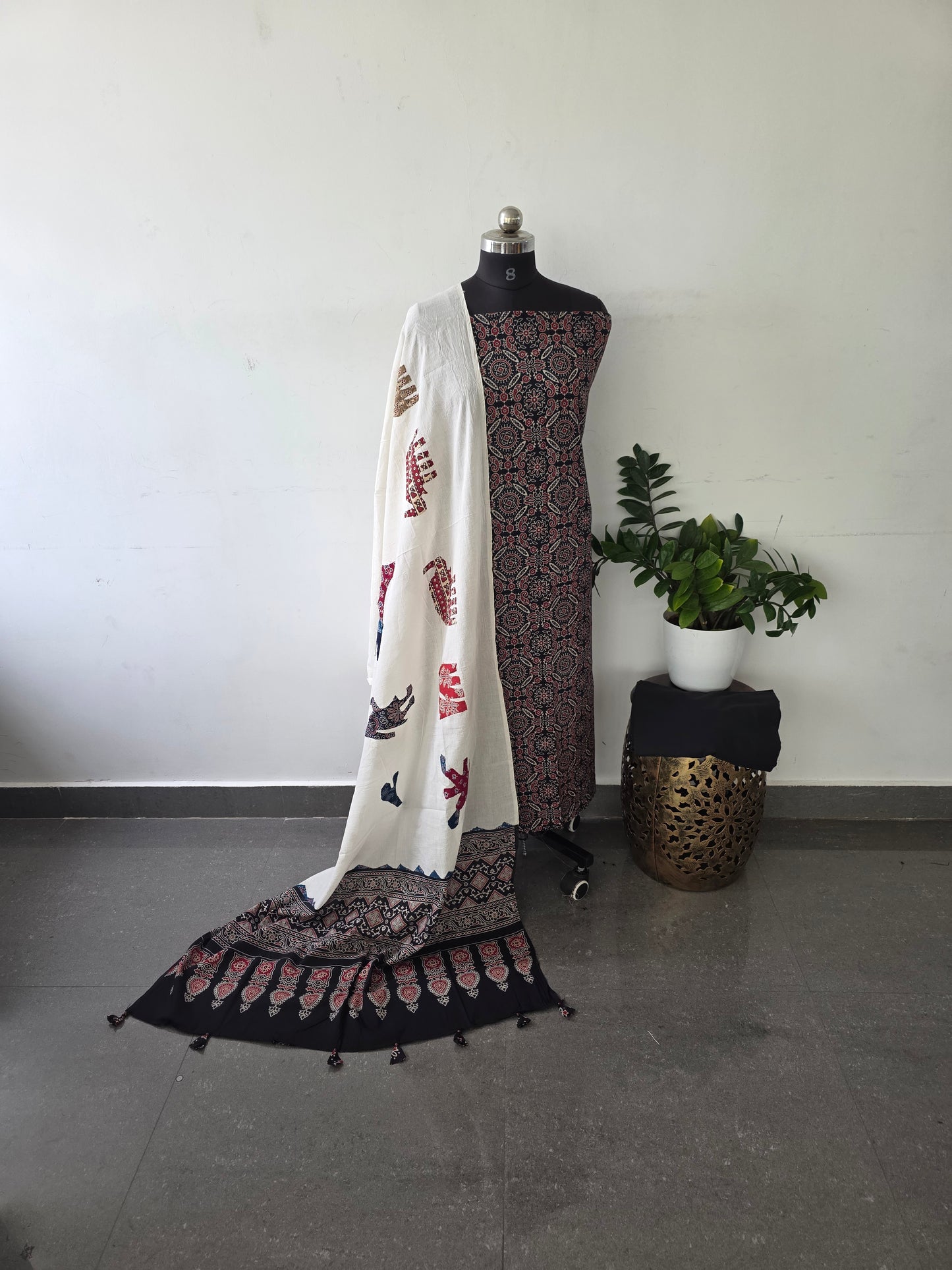 Premium ajrakh cotton set with pure cotton shawl with applique work - AA1