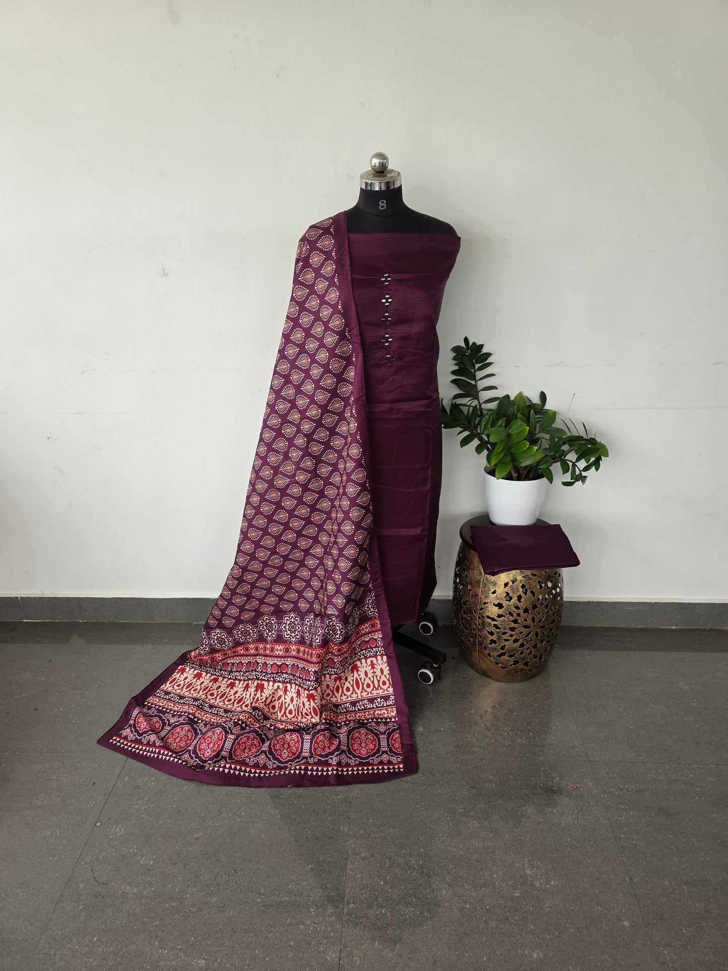 Fancy silk set with ajrakh silk shawl - FS1