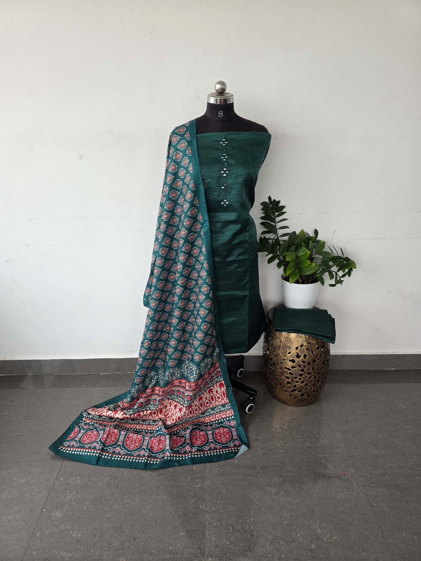 Fancy silk set with ajrakh shawl - FS2