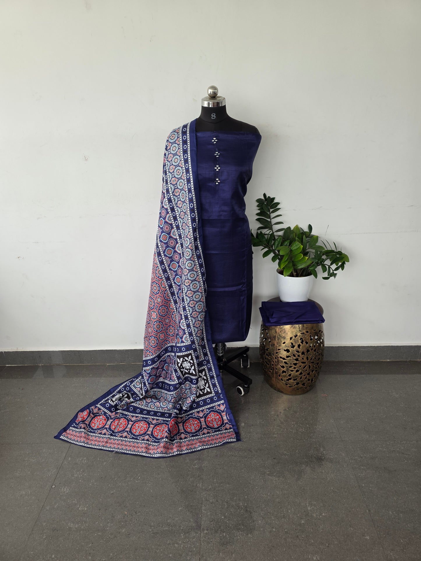 Fancy silk set with ajrakh shawl - FS3