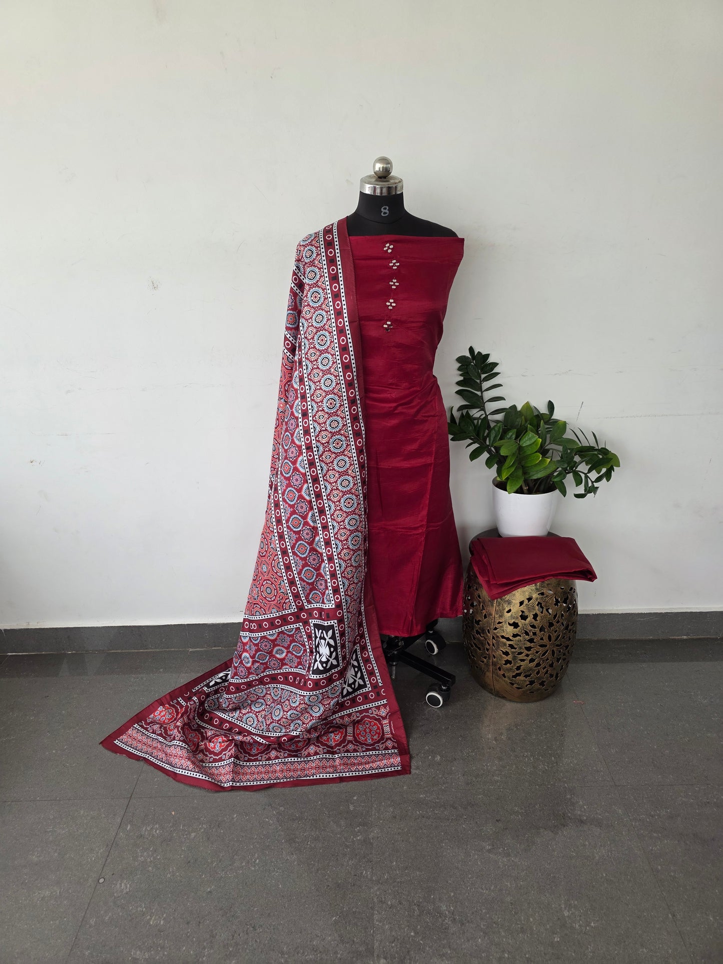 Fancy silk top with ajrakh silk shawl set - FS4