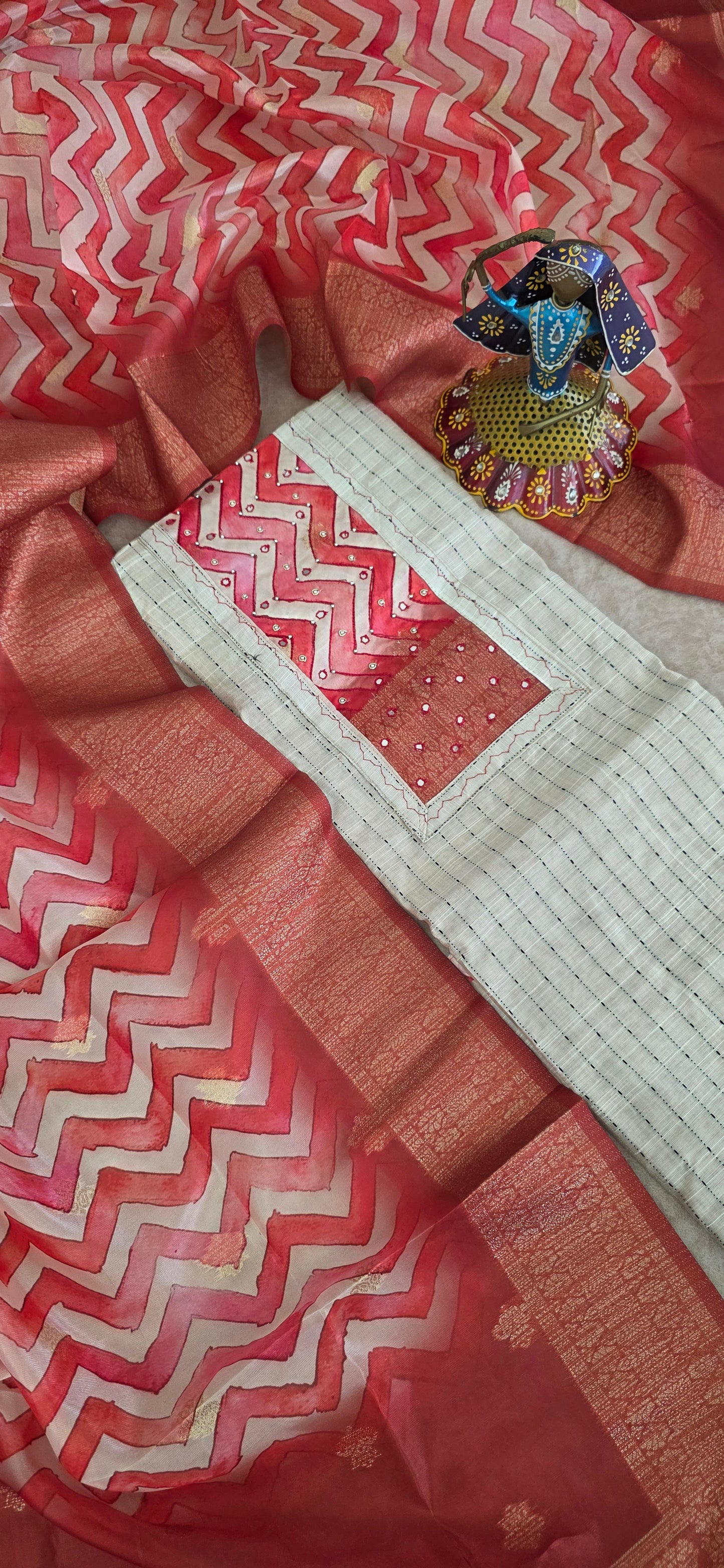 Slub silk set with organza silk shawl - peach