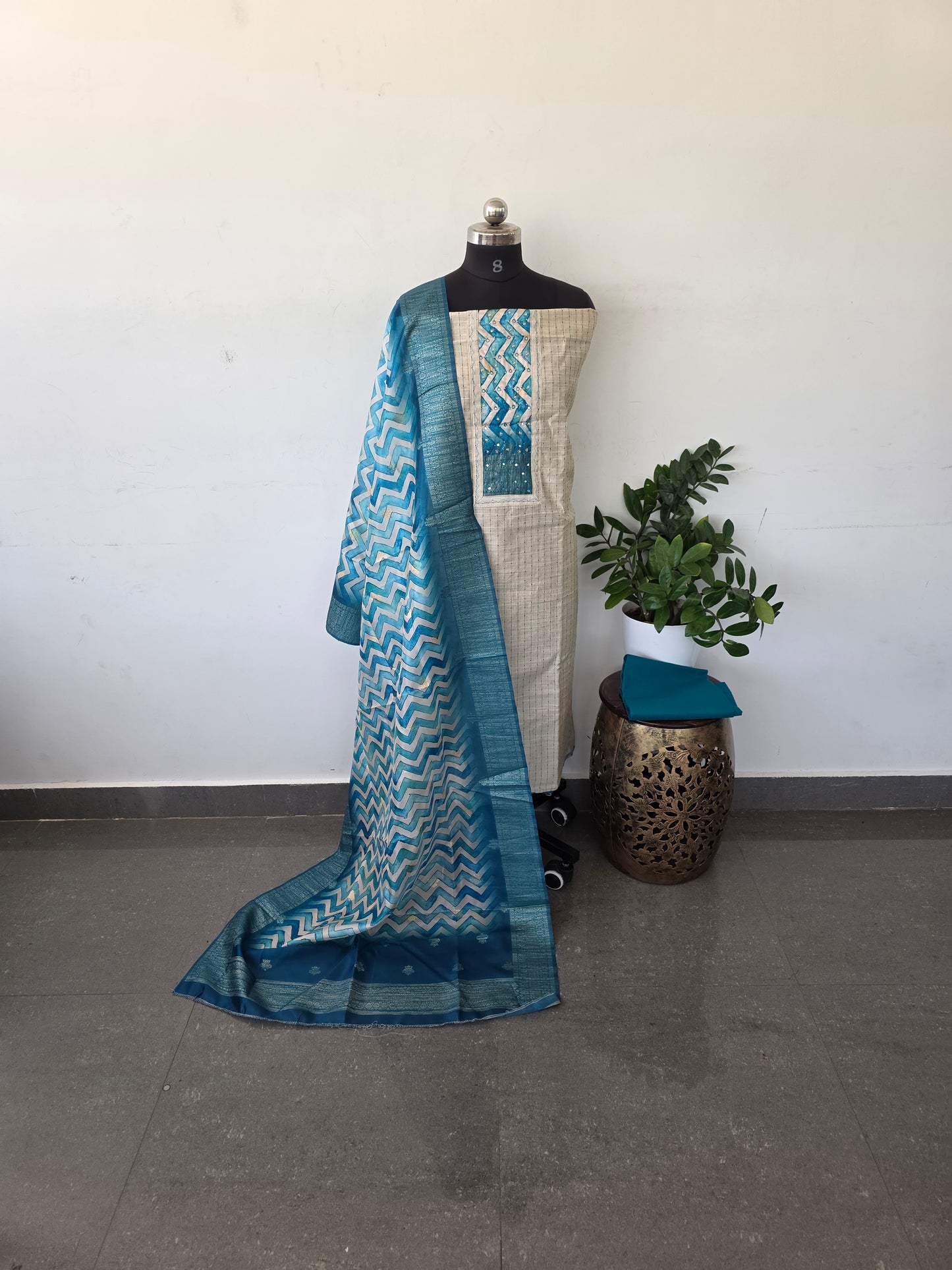 Slub silk set with organza silk shawl - blue
