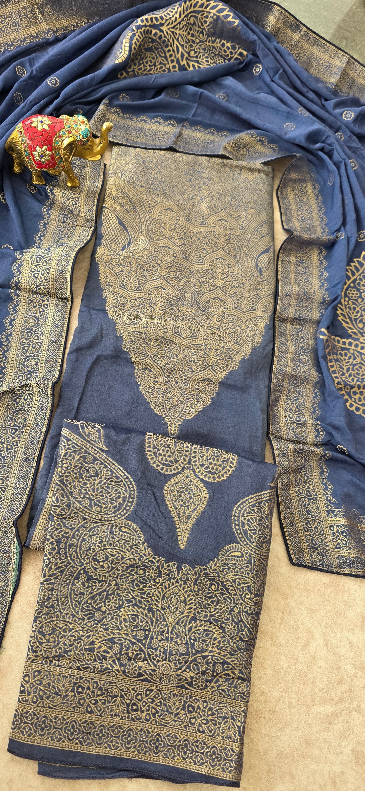 Premium soft banarari silk set - dark blue