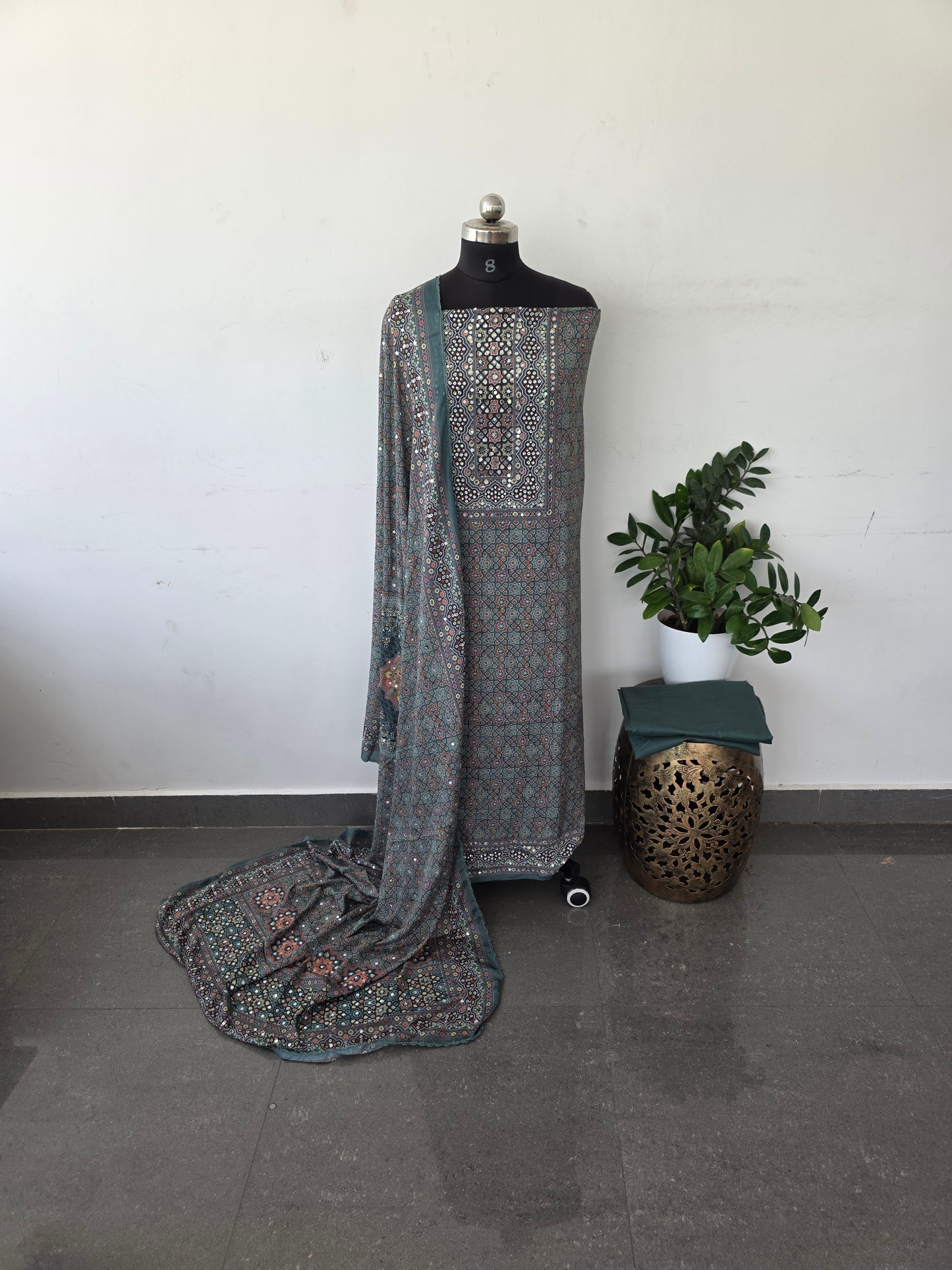 Party wear mirror ajrakh muslin silk set - gg